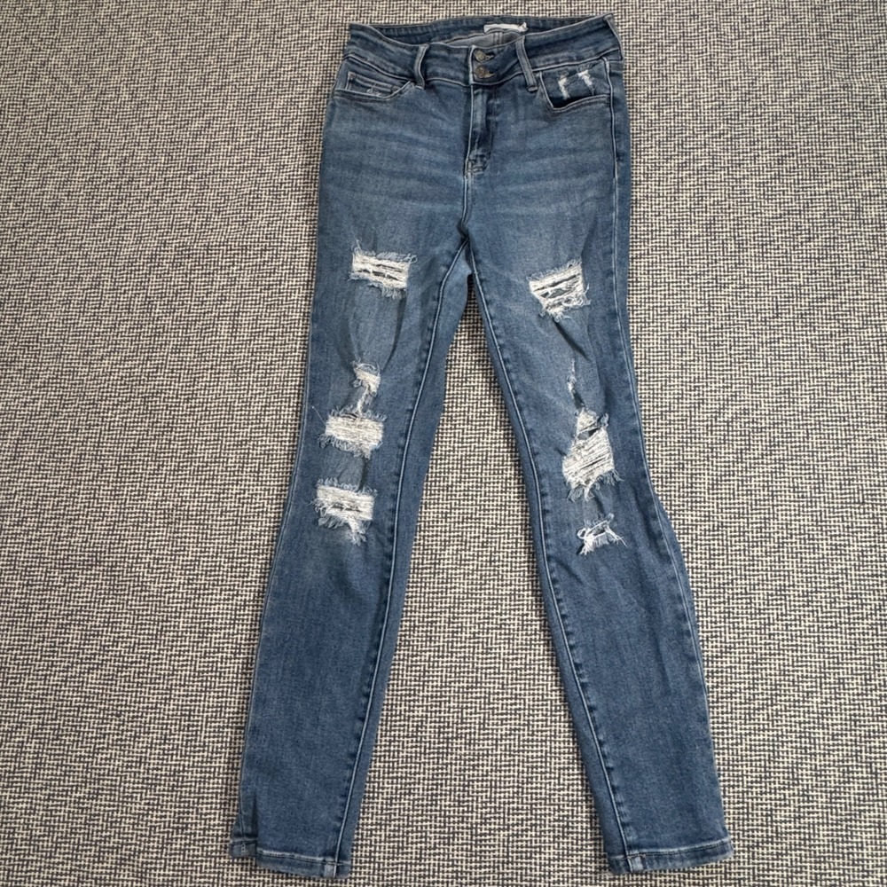 Cello Womens High Rise Distressed Skinny Jeans Medium Wash Size 9 Double Button